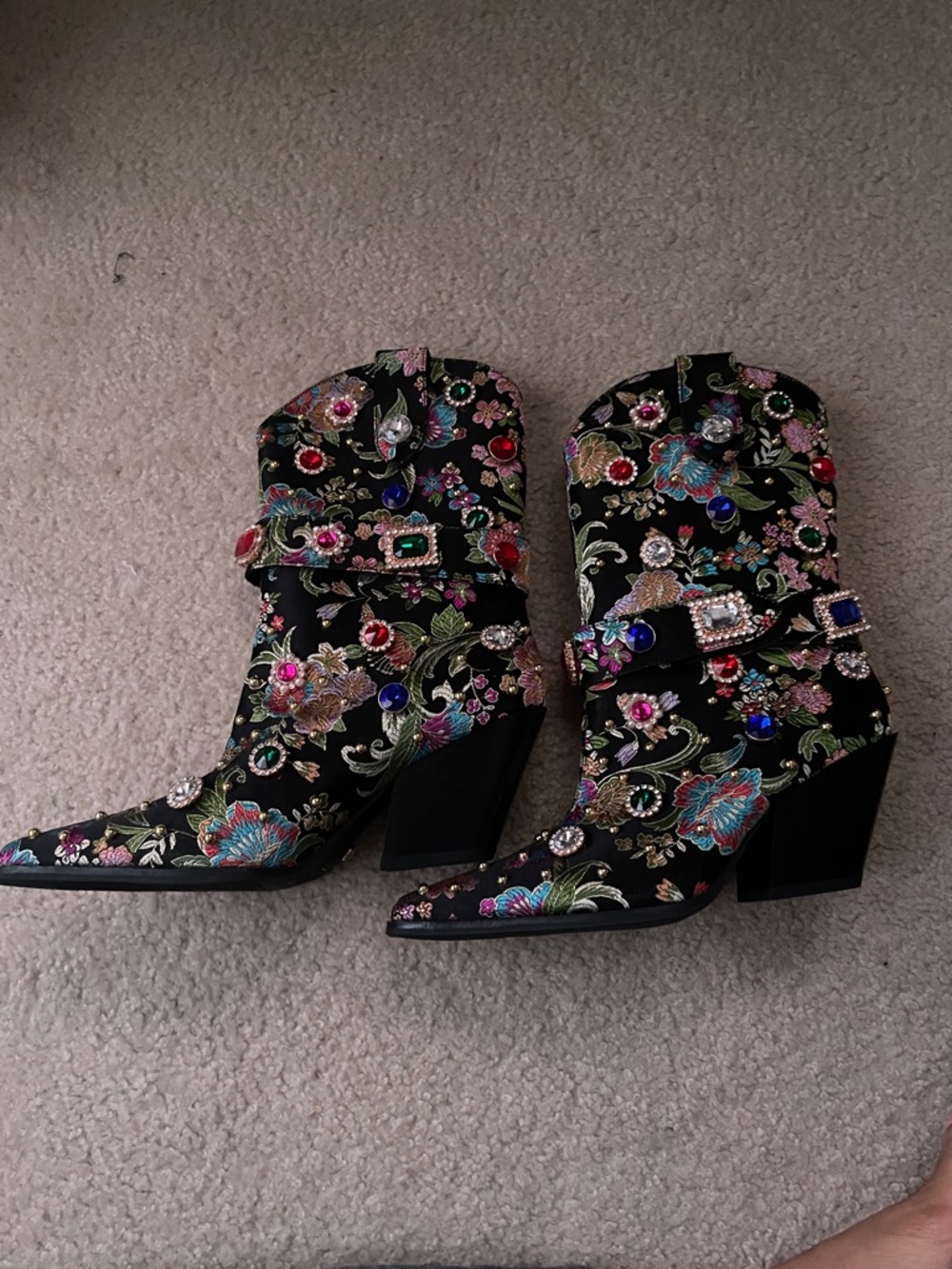 Embellished Black Floral Western Ankle Boots